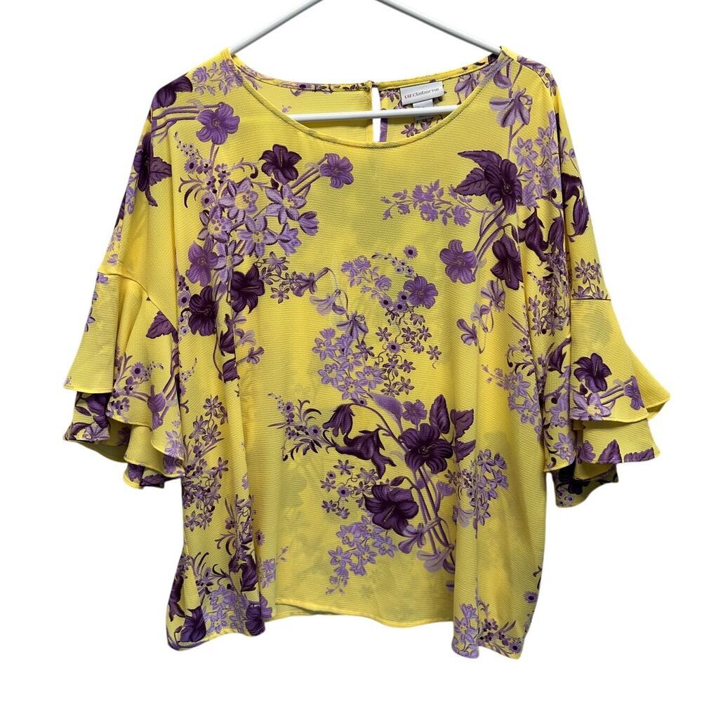 Liz Claiborne Women Blouse Ruffled Short Sleeves Yellow Purple Orchids Size XL‎